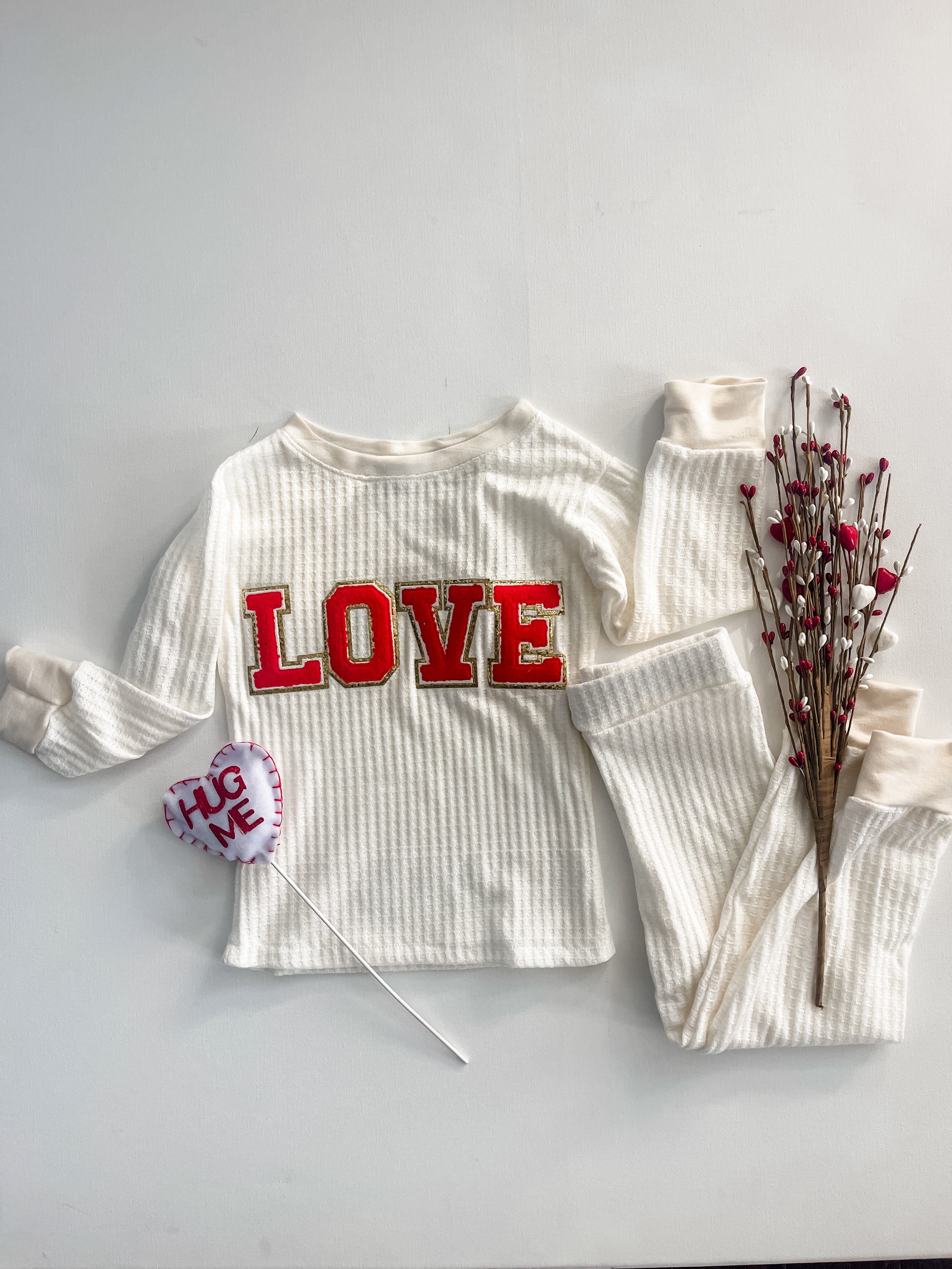 LOVE Chenille patch waffle pajama set