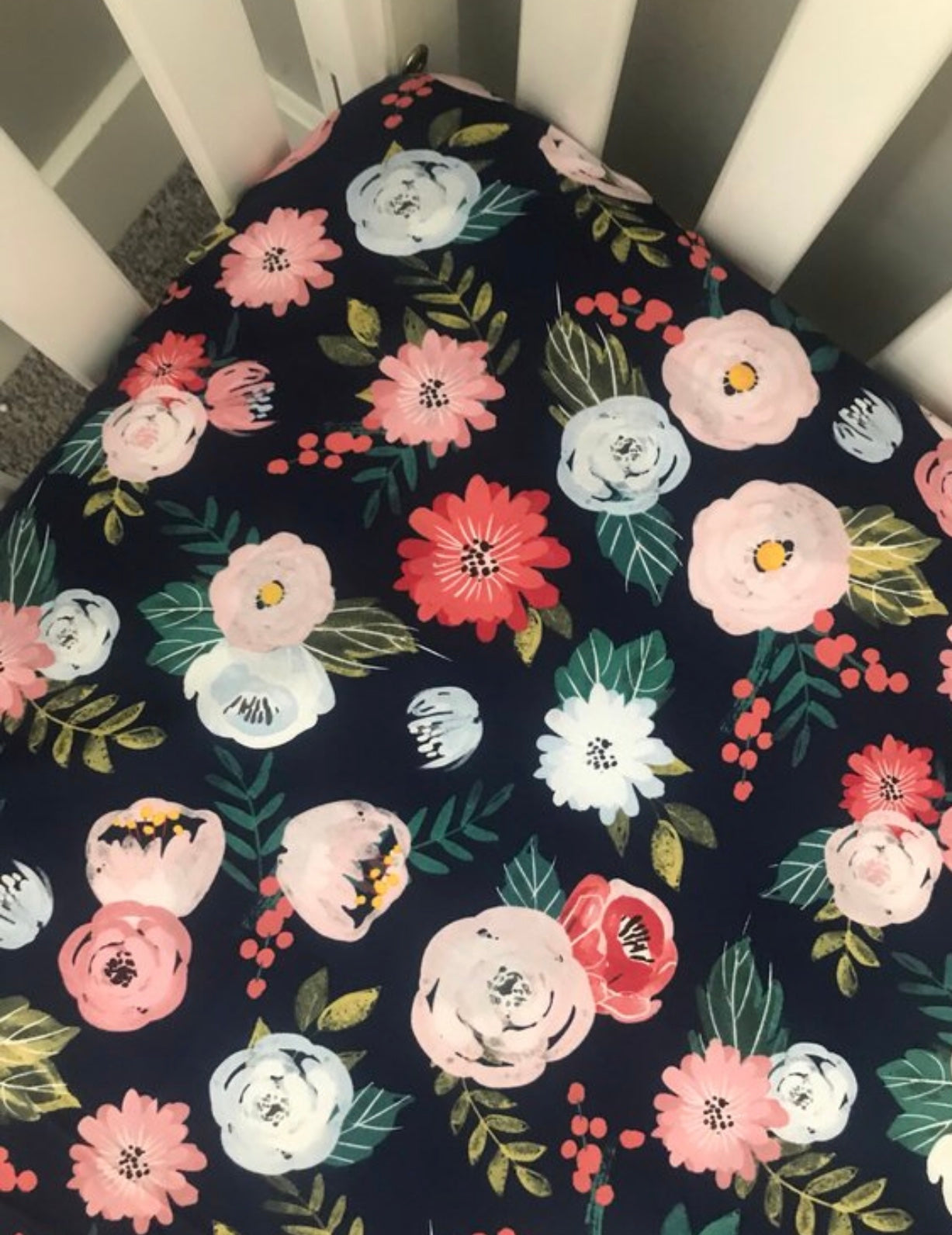 Navy Blue Floral Fitted Crib Sheet