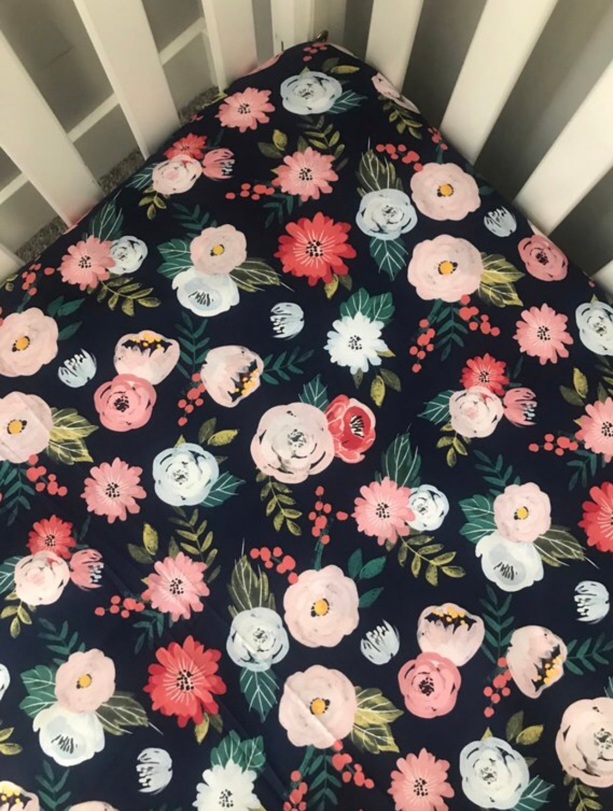 Navy floral top crib sheet