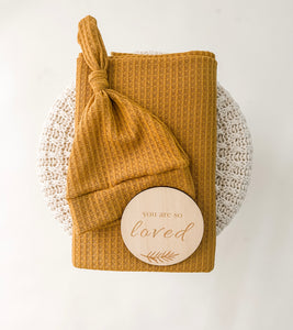 Waffle swaddle and knot hat set | mustard yellow